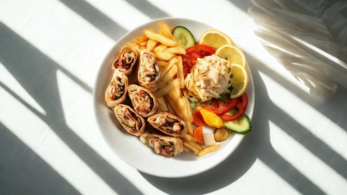Grillet kyllingfilet med sopp, paprika og pommes frites servert i restauranten