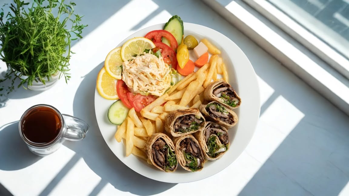 Syrisk mezze-tallerken med hummus, muhammara og grillspyd